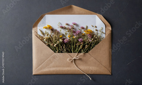 A brown envelope filled with dried flowers sits on a dark surface