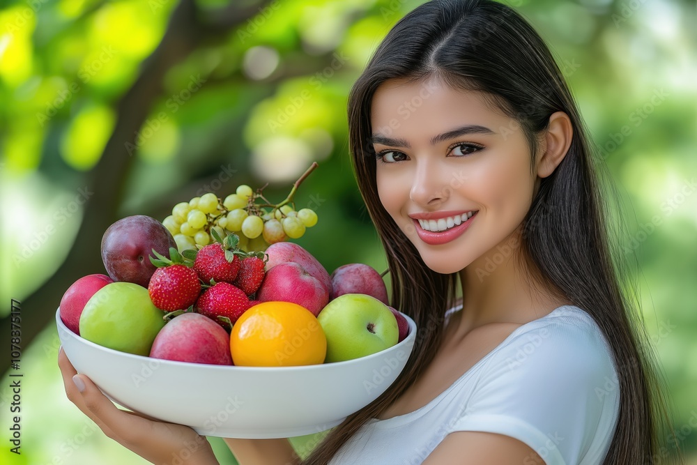 Smiling young woman holding a bowl of fresh colorful fruits in an outdoor park setting, radiating health and happiness Smiling young woman holding a bowl of fresh colorful fruits in an outdoor park setting, radiating health and happiness