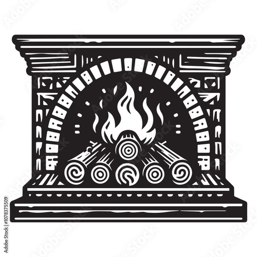 Cozy Fireplace with Burning Logs: A Warm and Inviting Scene. This black and white illustration features a brick fireplace with a roaring fire.