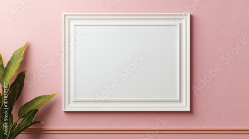 White frame on a pink wall with a plant in the corner. photo