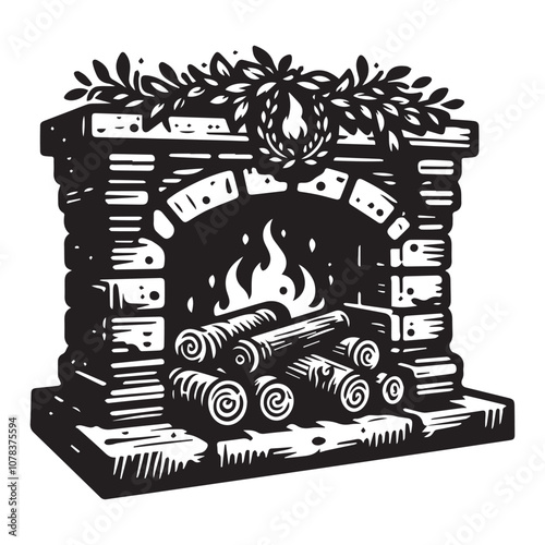 Cozy Fireplace with Burning Logs: A Warm and Inviting Scene. This black and white illustration features a brick fireplace with a roaring fire.