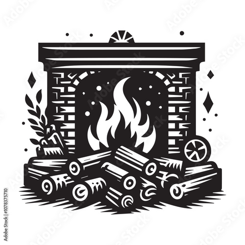 Cozy Fireplace with Burning Logs: A Warm and Inviting Scene. This black and white illustration features a brick fireplace with a roaring fire.