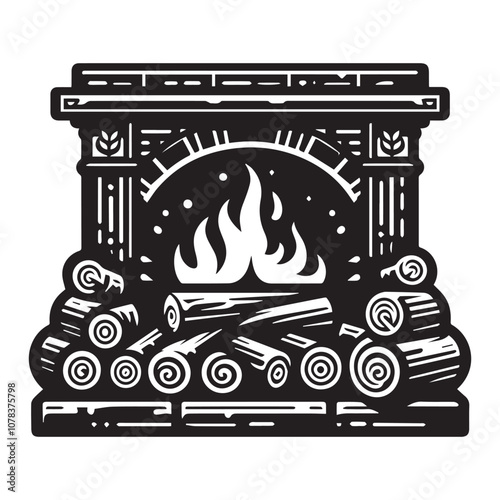 Cozy Fireplace with Burning Logs: A Warm and Inviting Scene. This black and white illustration features a brick fireplace with a roaring fire.