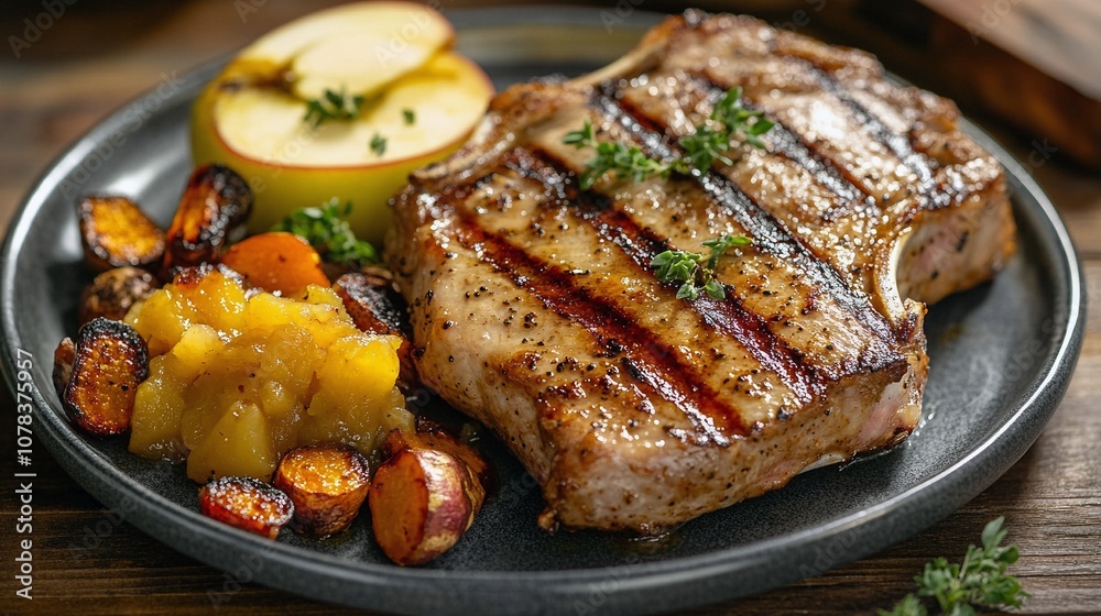 Grilled Pork Chops with Apple Compote and Roasted Vegetables Recipe Grilled Pork Chops with Apple Compote and Roasted Vegetables Recipe