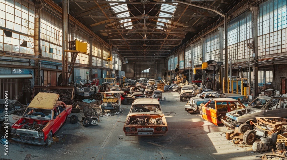 Abandoned warehouse filled with wrecked cars, stripped down to their chassis, in various states of decay. Sunbeams pour through the high windows. Abandoned warehouse filled with wrecked cars, stripped down to their chassis, in various states of decay. Sunbeams pour through the high windows.