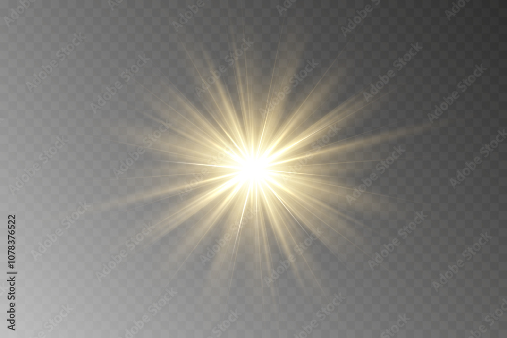 Fototapeta premium Golden light, sunlight and dawn effect. Glare. An explosion on a transparent background. Sparkling particles of magic dust. A bright star. Transparent glowing sun, bright flash. Vector glitter