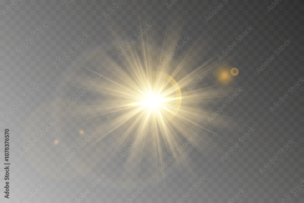 Golden light, sunlight and dawn effect. Glare. An explosion on a transparent background. Sparkling particles of magic dust. A bright star. Transparent glowing sun, bright flash. Vector glitter
