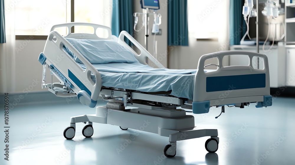 A hospital bed with white sheets is positioned in a room with a window. A hospital bed with white sheets is positioned in a room with a window.