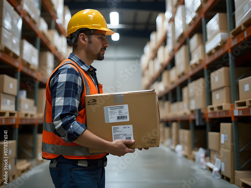 Warehouse Worker Carrying Box, Safety Vest, Hard Hat, Industrial Setting, Logistics, Efficiency, Professionalism, Corporate Branding photo