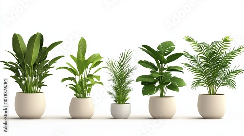 Realistic Collection of Green Plants in Pots: Modern Minimal Design 3D Vector Illustration