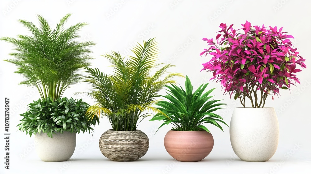 3D Illustration of Tropical Dracaena, Sago Palm, Bougainvillea, and Elephant Ear in Pots on White Background