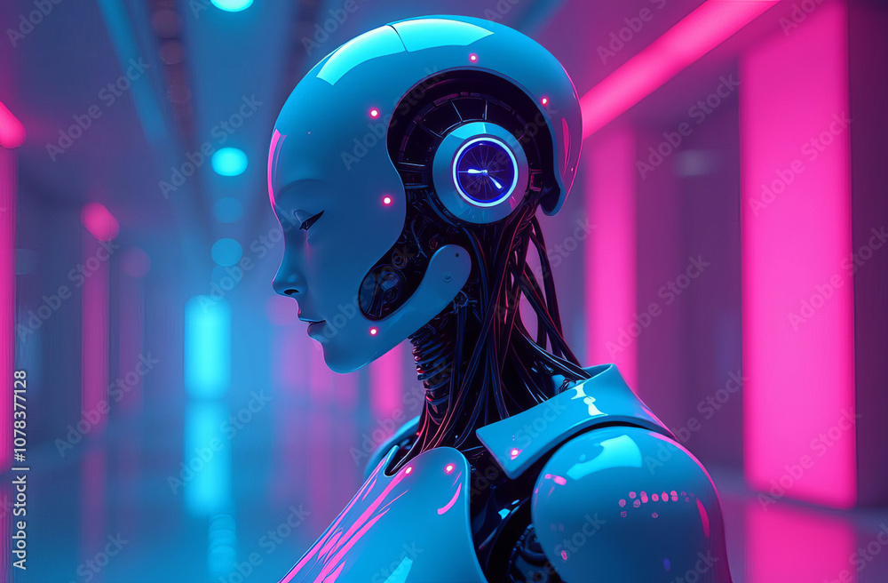 Futuristic robot in neon lighting, viewed in profile. Technology themes, artificial intelligence concepts, and futuristic or sci-fi projects. Futuristic robot in neon lighting, viewed in profile. Technology themes, artificial intelligence concepts, and futuristic or sci-fi projects.