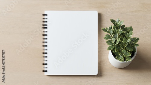 Blank spiral notebook with a small potted plant on a wood desk. photo