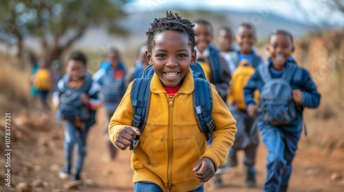 Joyful African Children Running Together in Colorful Backpacks Running Home After School Day