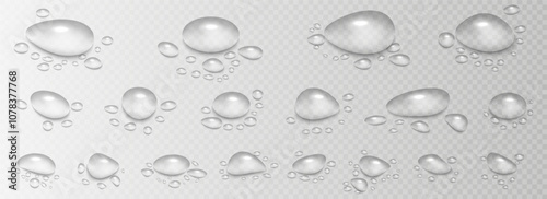 Rain water drops falling on transparent background. Wet, clear surface with bubbles on the surface. Realistic clear water, water drops for creative banner design