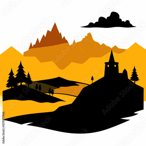 Highland landscape silhouette vector illustration on white background