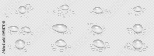 Rain water drops falling on transparent background. Wet, clear surface with bubbles on the surface. Realistic clear water, water drops for creative banner design