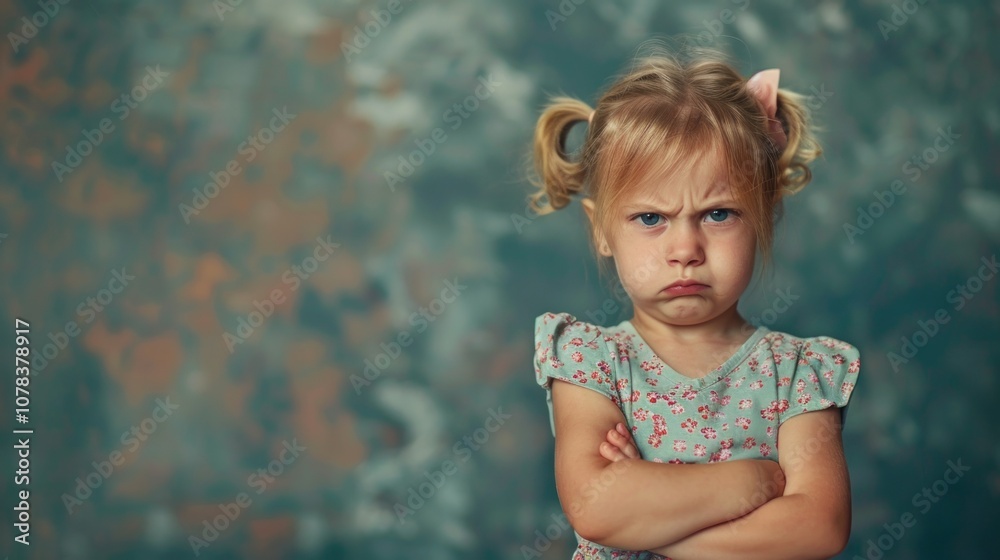 Naklejka premium The angry little girl stands with her arms crossed, and looks at the camera with an annoyed facial expression.