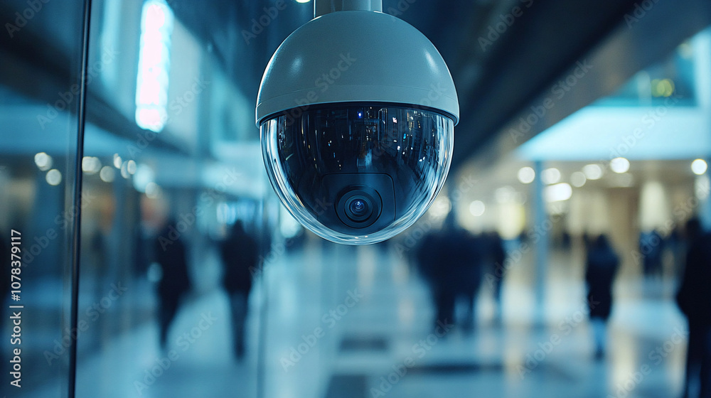 A security camera hangs in a modern space, monitoring activity in a bustling environment filled with blurred figures. A security camera hangs in a modern space, monitoring activity in a bustling environment filled with blurred figures.