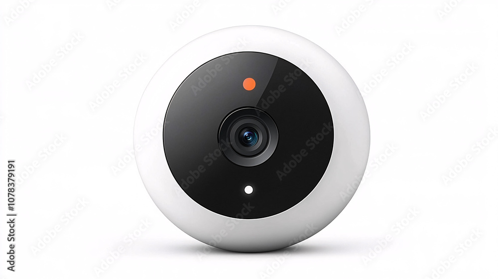 A sleek, modern security camera with a circular design, featuring a prominent lens, indicator light, and minimalist style for home or office surveillance. A sleek, modern security camera with a circular design, featuring a prominent lens, indicator light, and minimalist style for home or office surveillance.