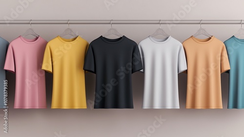 A row of plain t-shirts in various colors hanging on hangers. photo