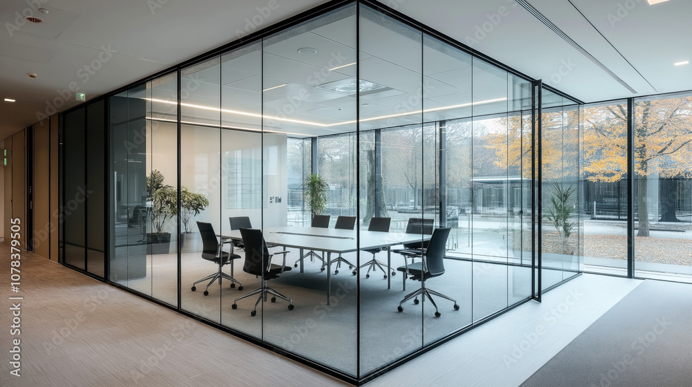 Modern office meeting room with glass walls, contemporary furniture, and outside view of autumn trees within corporate environment.