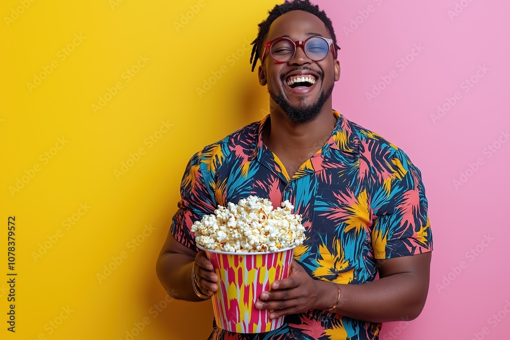 Young man in a bright patterned shirt holding a bucket of popcorn and smiling widely against a yellow-pink wall, creating an atmosphere of joy and fun Young man in a bright patterned shirt holding a bucket of popcorn and smiling widely against a yellow-pink wall, creating an atmosphere of joy and fun