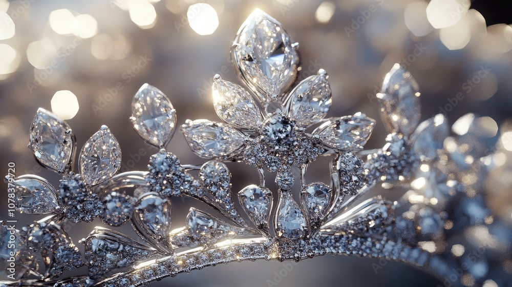 Detailed view of a silver tiara covered in diamonds, with reflective surfaces and a glamorous feel. Detailed view of a silver tiara covered in diamonds, with reflective surfaces and a glamorous feel.