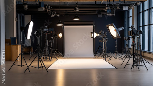 Professional photography studio setup with multiple lights, cameras on tripods, and a backdrop for photo shoots in an interior setting with wood flooring and large windows.