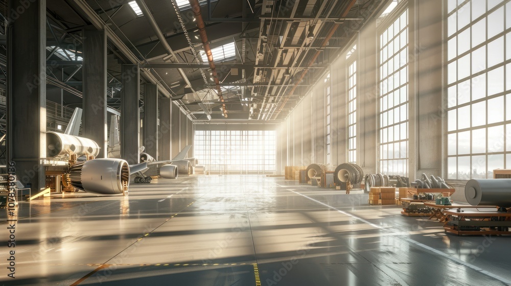 A large industrial hangar with a sun shining through the windows, illuminating the floor. There are airplane parts scattered around the hangar. A large industrial hangar with a sun shining through the windows, illuminating the floor. There are airplane parts scattered around the hangar.