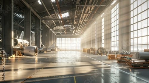 Wallpaper Mural A large industrial hangar with a sun shining through the windows, illuminating the floor. There are airplane parts scattered around the hangar. Torontodigital.ca
