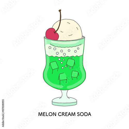 純喫茶のメロンクリームソーダ　手描きのイラスト
