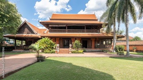 Stunning Traditional Thai House Surrounded by Lush Green Lawn and Palm Trees Under Bright Blue Sky with Fluffy Clouds