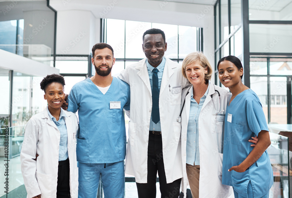 Happy, doctors and nurses in portrait with embrace, solidarity and support in healthcare in clinic. Hospital, diversity and medical team in row with pride, trust and group of people with confidence Happy, doctors and nurses in portrait with embrace, solidarity and support in healthcare in clinic. Hospital, diversity and medical team in row with pride, trust and group of people with confidence