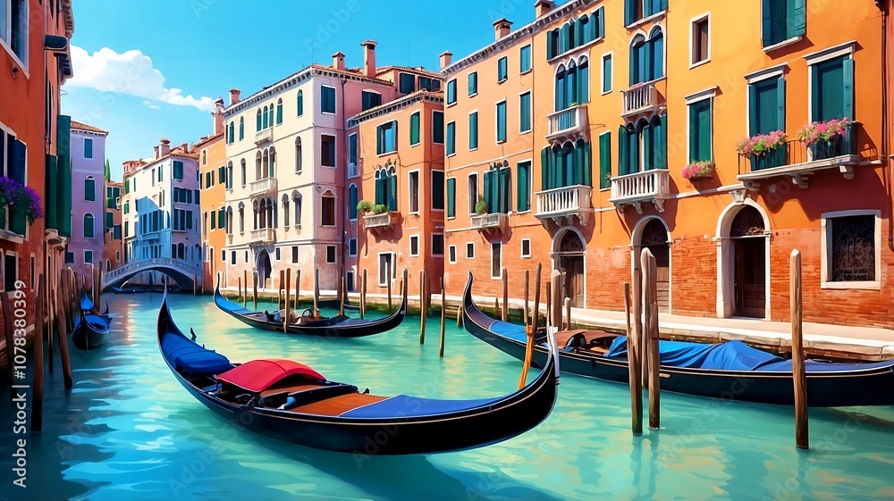 Obraz premium A vibrant, stylized illustration of Venice (Venezia), showcasing the iconic colorful houses along the Grand Canal. The scene captures the essence of Venice's charm with a traditional gondolas