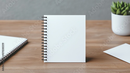 Blank spiral notebook on wooden table with plant. photo