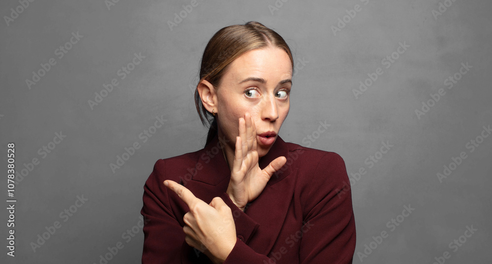 feeling surprised with a shocked expression and pointing to the side feeling surprised with a shocked expression and pointing to the side