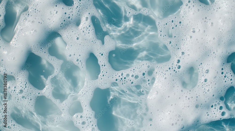 Detergent foam on clear water surface, showing reflections and bubble patterns in a crisp and minimal composition Detergent foam on clear water surface, showing reflections and bubble patterns in a crisp and minimal composition