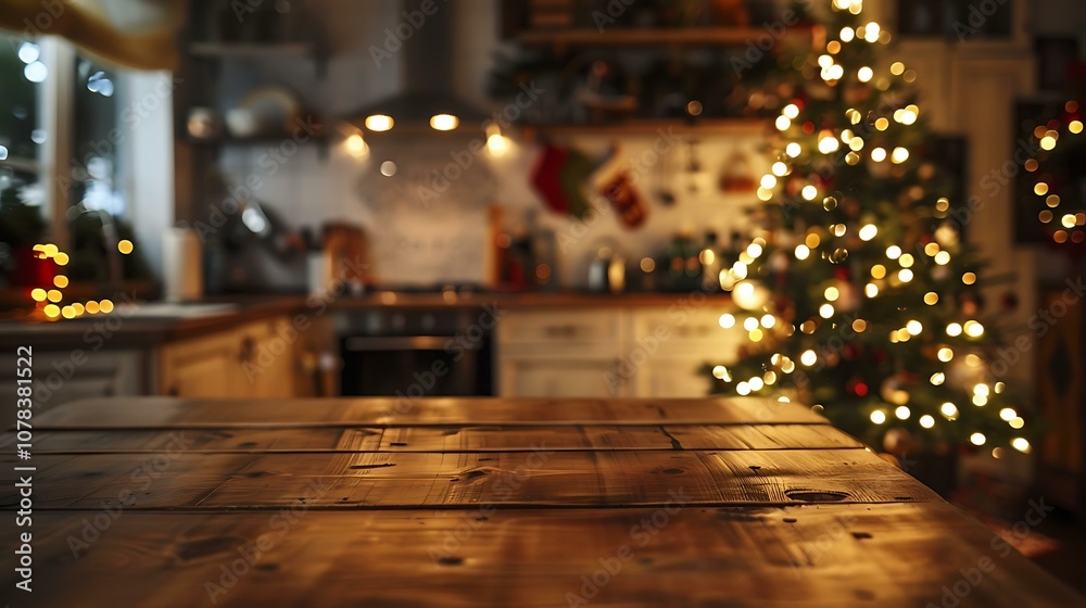 A cozy holiday kitchen scene with an empty rustic wooden table in the foreground, warm twinkling lights draped in the background, and a decorated Christmas tree off to the side, casting a soft A cozy holiday kitchen scene with an empty rustic wooden table in the foreground, warm twinkling lights draped in the background, and a decorated Christmas tree off to the side, casting a soft