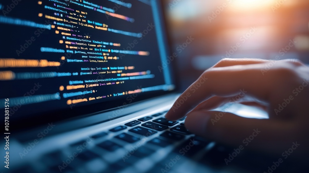 A close-up of a hand typing on a laptop displaying code on the screen. A close-up of a hand typing on a laptop displaying code on the screen.
