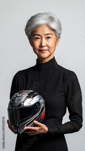 Elderly Asian woman gracefully holds a sleek helmet mockup, showcasing its design photo