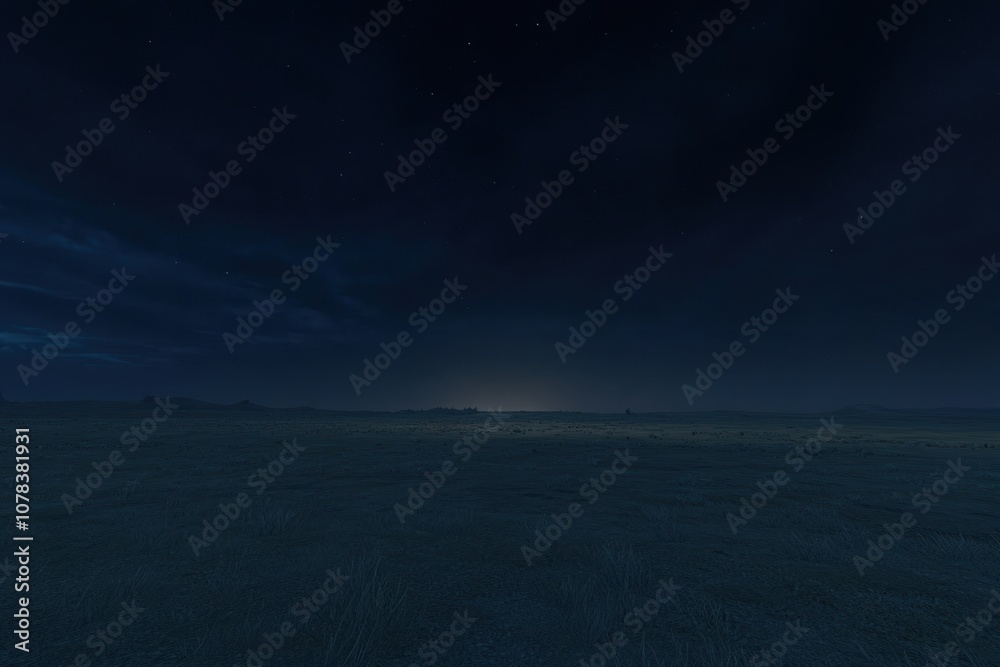 A serene night landscape with a dark sky and distant horizon glow. A serene night landscape with a dark sky and distant horizon glow.