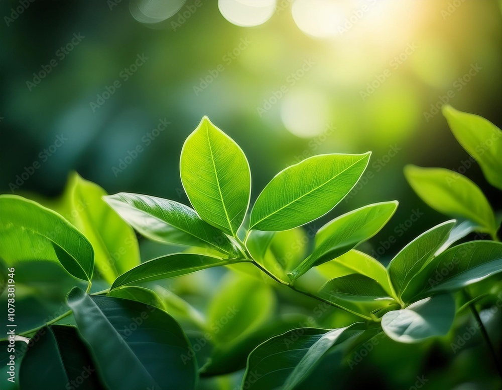 Obraz premium Vibrant green leaves bathed in sunlight, creating a fresh and natural setting