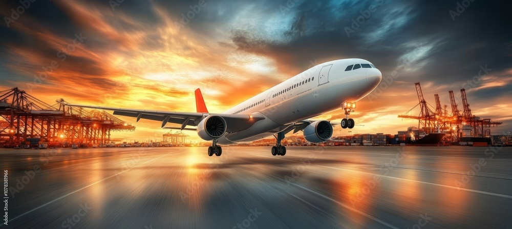 Sunset Over Container Port with Passenger Airplane Taking Off, International Transportation Hub. Sunset Over Container Port with Passenger Airplane Taking Off, International Transportation Hub.