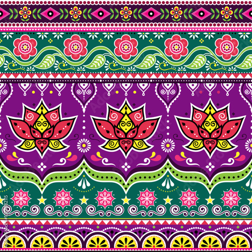Pakistani or Indian truck art vector seamless pattern with lotus flowers, jingle truck vibrant floral Diwali design. Non AI generated
 