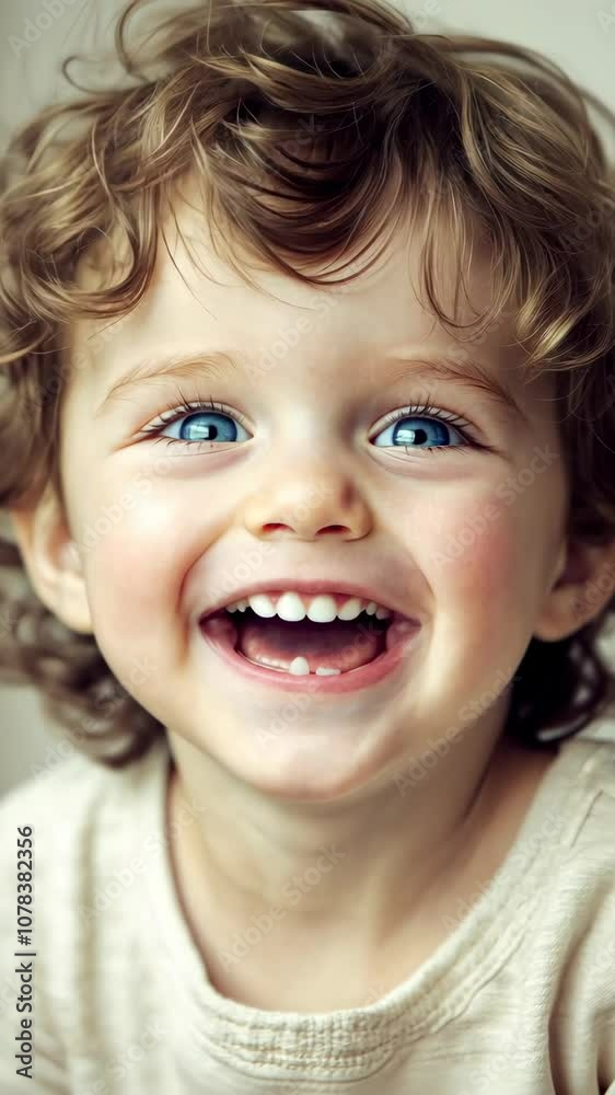 A little girl with curly brown hair and big blue eyes smiles brightly, showing her missing tooth A little girl with curly brown hair and big blue eyes smiles brightly, showing her missing tooth