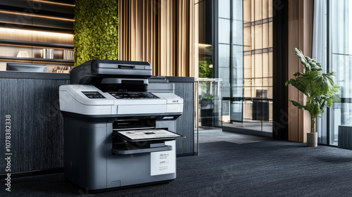 Modern office space featuring a multifunction printer with document trays, lush indoor plant, wooden decor, and natural light through large glass windows