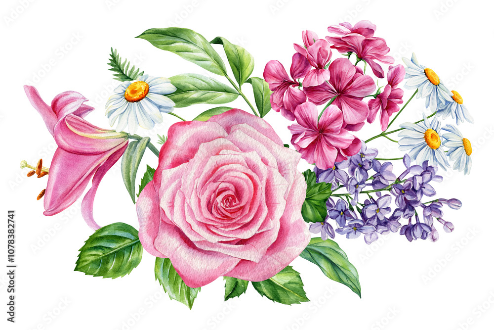 Romantic watercolor bouquet. Pastel pink roses, lilies. Delicate botanical flower illustration wedding floral decoration Romantic watercolor bouquet. Pastel pink roses, lilies. Delicate botanical flower illustration wedding floral decoration