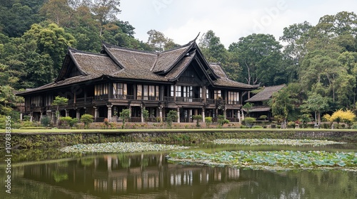 Traditional Japanese Wooden House Surrounded by Lush Greenery and Serene Water Features Reflecting Nature's Beauty in a Peaceful Landscape