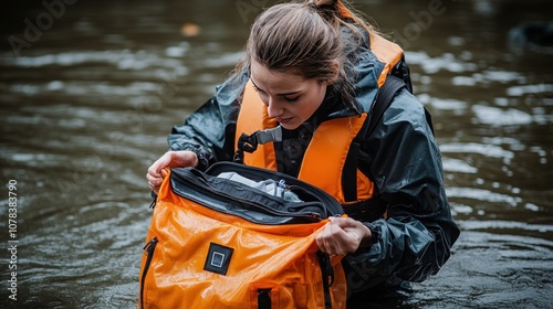 A female nurse in rescue gear and life jackets opens her life-saving kit bag while preparing to care for victims in a flooded area photo